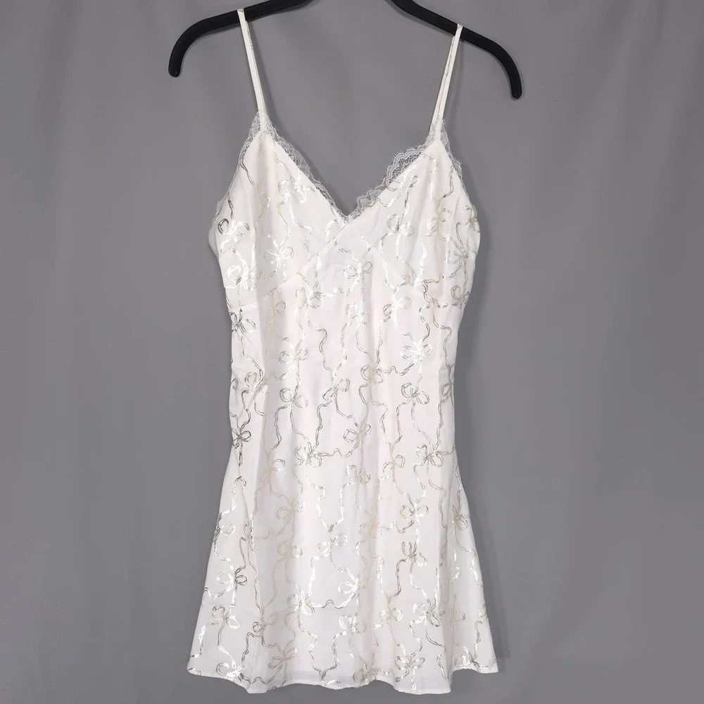 VICTORIA'S SECRET LOVESHACKFANCY New Nightgwn XS Bow Print Satin Slip Chemise